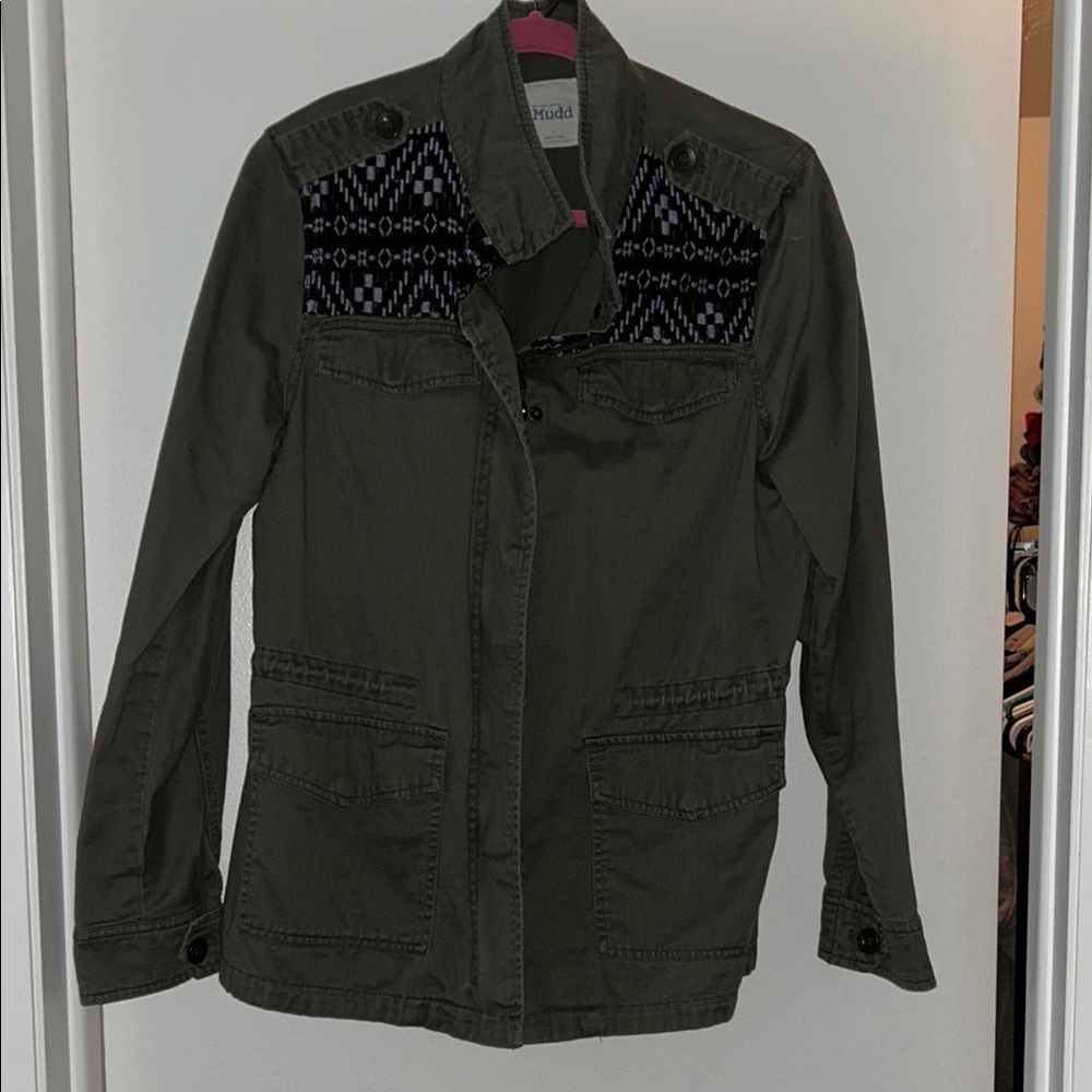 Olive Green Women's Jacket with Patterned Detail